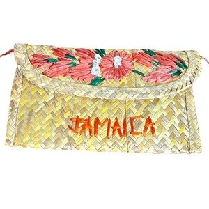 Jamaica Handmade Straw Floral Embroidered / Lined Basket Clutch - Braided Handle